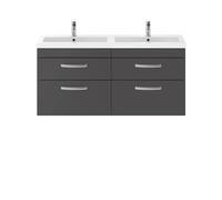 Nuie Athena Wall Hung 4 Drawer Vanity Unit and Double Polymarble Basins | Gloss Grey | MDF | 1200mm