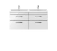 Nuie Athena Wall Hung 4 Drawer Vanity Unit and Double Polymarble Basins | Gloss White | MDF | 1200mm