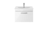 Nuie Athena Wall Hung Single Drawer Vanity Unit and Curved Ceramic Basin | Gloss White | MDF | 600mm