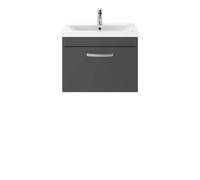 Nuie Athena Wall Hung Single Drawer Vanity Unit and Mid Edge Ceramic Basin | Gloss Grey | MDF | 600mm