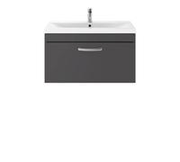 Nuie Athena Wall Hung Single Drawer Vanity Unit and Thin Edge Ceramic Basin | Gloss Grey | MDF | 800mm