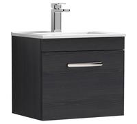 Nuie Athena 500 Wall Hung Single Drawer Vanity & Minimalist Basin - Black Woodgrain, Black
