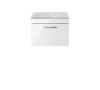 Nuie Athena Wall Hung Single Drawer Vanity Unit with Bellato Grey Worktop | Gloss White | MDF | 600mm