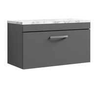 Nuie Athena Wall Hung Single Drawer Vanity Unit with Carrera Marble Laminate Worktop | Gloss Grey | MFC | 800mm