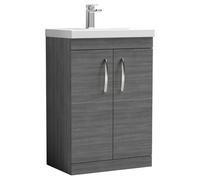 Nuie Athena 600 Floor Standing 2-door Vanity & Mid-edge Basin - Grey Woodgrain, Grey