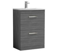 Nuie Athena Woodgrain 2 Drawer Vanity Unit and Curved Ceramic Basin | Anthracite | MDF | 600mm