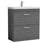 Nuie Athena Woodgrain 2 Drawer Vanity Unit and Mid Edge Ceramic Basin | Anthracite | MDF | 800mm