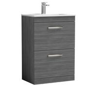 Nuie Athena Woodgrain 2 Drawer Vanity Unit and Minimalist Ceramic Basin | Anthracite | MDF | 600mm