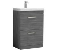 Nuie Athena Woodgrain 2 Drawer Vanity Unit and Thin Edge Ceramic Basin | Anthracite | MDF | 600mm