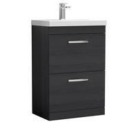Nuie Athena Woodgrain 2 Drawer Vanity Unit and Thin Edge Ceramic Basin | Charcoal Black | MDF | 600mm