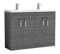 Nuie Athena Woodgrain 4 Door Vanity Unit and Double Ceramic Basins | Anthracite | MDF | 1200mm