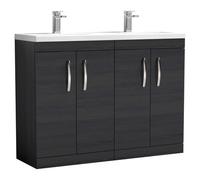 Nuie Athena Woodgrain 4 Door Vanity Unit and Double Ceramic Basins | Charcoal Black | MDF | 1200mm