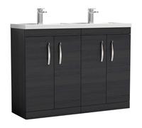 Nuie Athena Woodgrain 4 Door Vanity Unit and Double Polymarble Basins | Charcoal Black | MDF | 1200mm