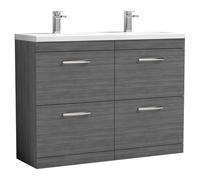 Nuie Athena Woodgrain 4 Drawer Vanity Unit and Double Ceramic Basins | Anthracite | MDF | 1200mm