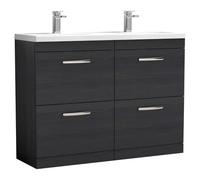 Nuie Athena Woodgrain 4 Drawer Vanity Unit and Double Ceramic Basins | Charcoal Black | MDF | 1200mm
