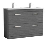 Nuie Athena Woodgrain 4 Drawer Vanity Unit and Double Polymarble Basins | Anthracite | MDF | 1200mm