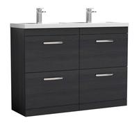 Nuie Athena Woodgrain 4 Drawer Vanity Unit and Double Polymarble Basins | Charcoal Black | MDF | 1200mm