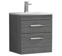Nuie Athena 500 Wall Hung 2-drawer Vanity & Curved Basin - Grey Woodgrain, Grey