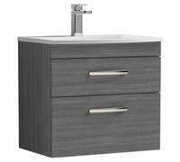 Nuie Athena Woodgrain Wall Hung 2 Drawer Vanity Unit and Curved Ceramic Basin | Anthracite | MDF | 600mm