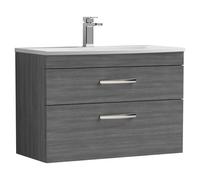 Nuie Athena Woodgrain Wall Hung 2 Drawer Vanity Unit and Curved Ceramic Basin | Anthracite | MDF | 800mm