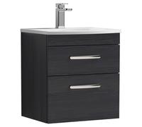 Nuie Athena Woodgrain Wall Hung 2 Drawer Vanity Unit and Curved Ceramic Basin | Charcoal Black | MDF | 500mm