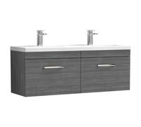 Nuie Athena Woodgrain Wall Hung 2 Drawer Vanity Unit and Double Ceramic Basins | Anthracite | MDF | 1200mm