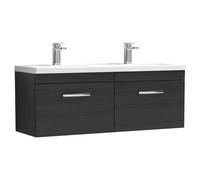 Nuie Athena 1200 Wall Hung 2-drawer Vanity & Ceramic Double Basin - Black Woodgrain