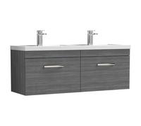 Nuie Athena Woodgrain Wall Hung 2 Drawer Vanity Unit and Double Polymarble Basins | Anthracite | MDF | 1200mm