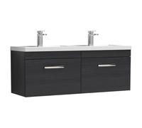 Nuie Athena Woodgrain Wall Hung 2 Drawer Vanity Unit and Double Polymarble Basins | Charcoal Black | MDF | 1200mm