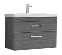 Nuie Athena Woodgrain Wall Hung 2 Drawer Vanity Unit and Thin Edge Ceramic Basin | Anthracite | MDF | 800mm