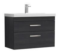 Nuie Athena Woodgrain Wall Hung 2 Drawer Vanity Unit and Thin Edge Ceramic Basin | Charcoal Black | MDF | 800mm