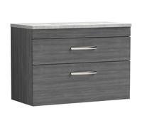 Nuie Athena Woodgrain Wall Hung 2 Drawer Vanity Unit with Bellato Grey Worktop | Anthracite | MDF | 800mm
