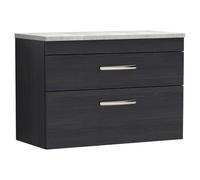 Nuie Athena Woodgrain Wall Hung 2 Drawer Vanity Unit with Bellato Grey Worktop | Charcoal Black | MDF | 800mm