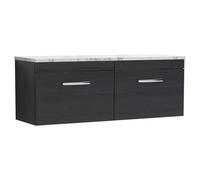 Nuie Athena Woodgrain Wall Hung 2 Drawer Vanity Unit with Carrera Marble Laminate Worktop | Charcoal Black | MFC | 1200mm