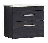 Nuie Athena Woodgrain Wall Hung 2 Drawer Vanity Unit with White Sparkle Worktop | Charcoal Black | MDF | 600mm