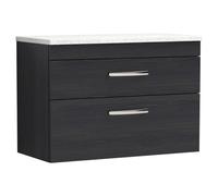 Nuie Athena Woodgrain Wall Hung 2 Drawer Vanity Unit with White Sparkle Worktop | Charcoal Black | MDF | 800mm