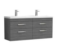 Nuie Athena Woodgrain Wall Hung 4 Drawer Vanity Unit and Double Ceramic Basins | Anthracite | MDF | 1200mm