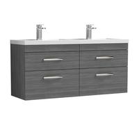 Nuie Athena Woodgrain Wall Hung 4 Drawer Vanity Unit and Double Polymarble Basins | Anthracite | MDF | 1200mm
