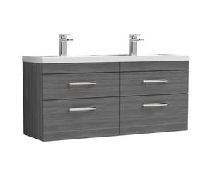 Nuie Athena Woodgrain Wall Hung 4 Drawer Vanity Unit and Double Polymarble Basins | Anthracite | MDF | 1200mm