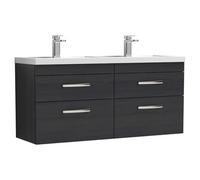 Nuie Athena Woodgrain Wall Hung 4 Drawer Vanity Unit and Double Polymarble Basins | Charcoal Black | MDF | 1200mm