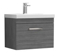Nuie Athena Woodgrain Wall Hung Single Drawer Vanity Unit and Mid Edge Ceramic Basin | Anthracite | MDF | 600mm