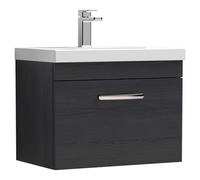 Nuie Athena Woodgrain Wall Hung Single Drawer Vanity Unit and Mid Edge Ceramic Basin | Charcoal Black | MDF | 600mm