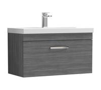 Nuie Athena Woodgrain Wall Hung Single Drawer Vanity Unit and Thin Edge Ceramic Basin | Anthracite | MDF | 800mm