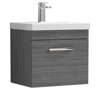 Nuie Athena Woodgrain Wall Hung Single Drawer Vanity Unit and Thin Edge Ceramic Basin | Anthracite | MDF | 500mm