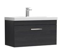 Nuie Athena Woodgrain Wall Hung Single Drawer Vanity Unit and Thin Edge Ceramic Basin | Charcoal Black | MDF | 800mm