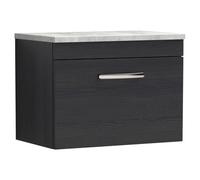 Nuie Athena Woodgrain Wall Hung Single Drawer Vanity Unit with Bellato Grey Worktop | Charcoal Black | MDF | 600mm