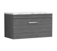 Nuie Athena Woodgrain Wall Hung Single Drawer Vanity Unit with Carrera Marble Laminate Worktop | Anthracite | MFC | 800mm