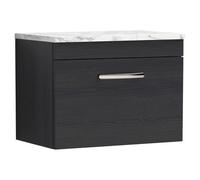 nuie ATH040LCM Athena Modern Bathroom Wall Hung Single Drawer Vanity Unit and Carrera Marble Laminate Worktop, 600mm, Charcoal Black Woodgrain