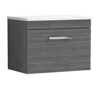 Nuie Athena Woodgrain Wall Hung Single Drawer Vanity Unit with White Sparkle Worktop | Anthracite | MDF | 600mm