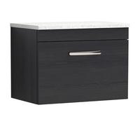 Nuie Athena Woodgrain Wall Hung Single Drawer Vanity Unit with White Sparkle Worktop | Charcoal Black | MDF | 600mm